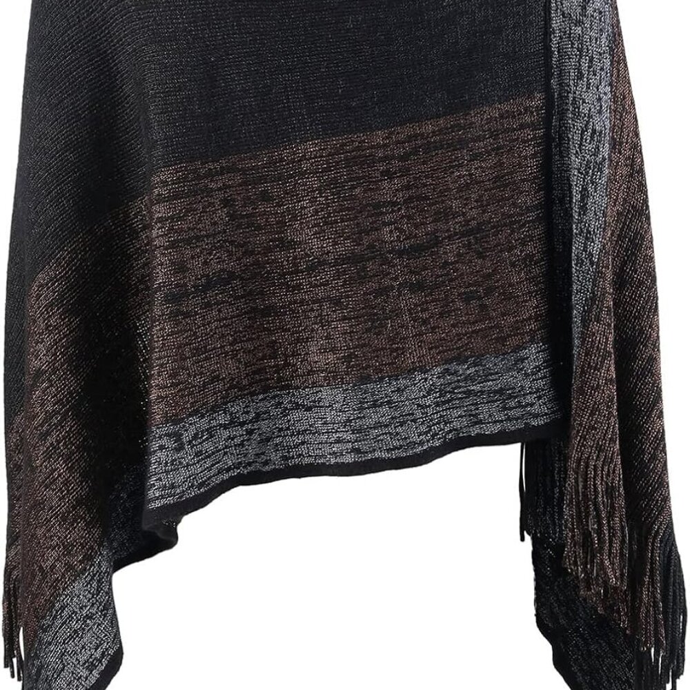 Women's Elegant Knitted Shawl Poncho with Fringed V-Neck Striped Sweater Pullove - Picture 3 of 3